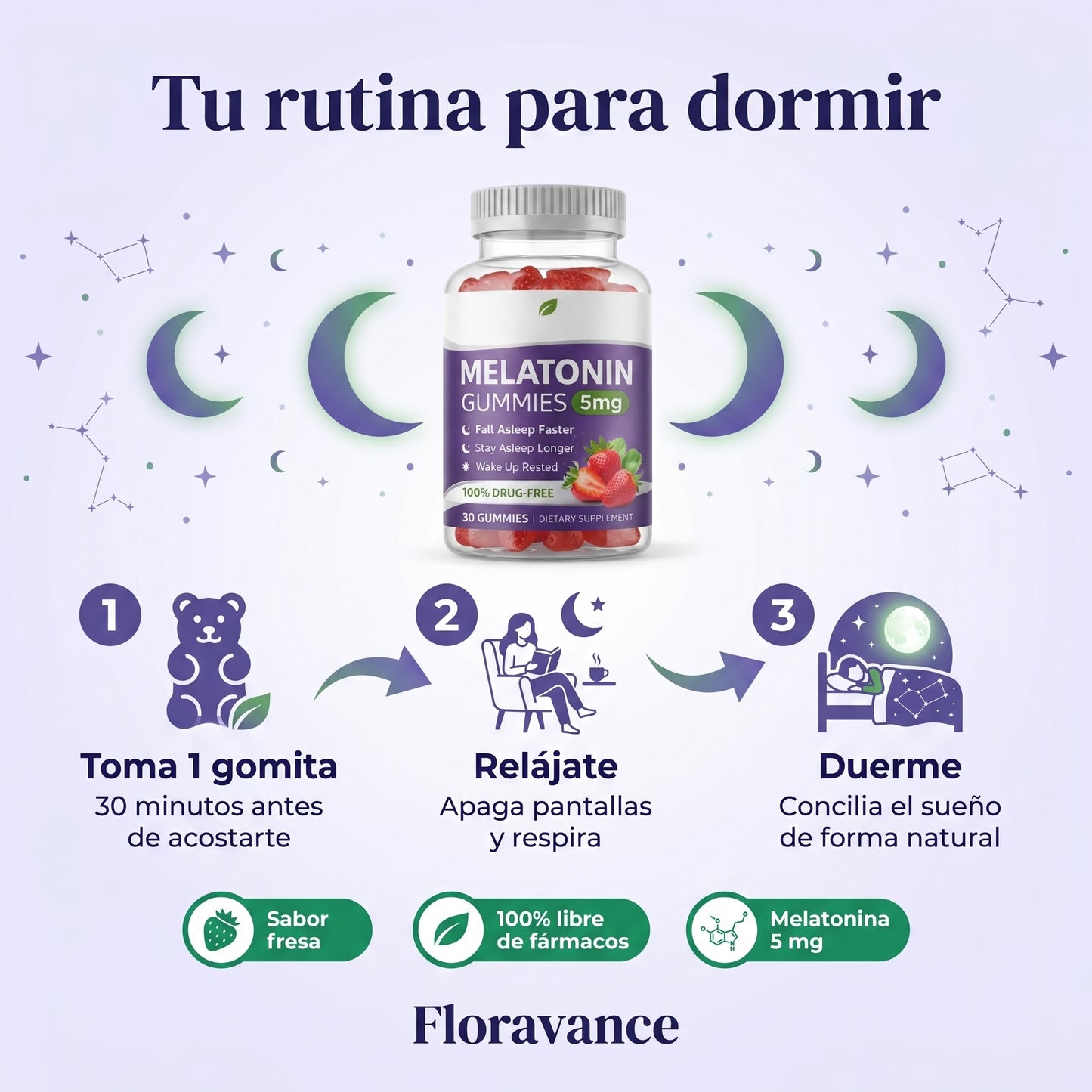 Gomitas de Melatonina Sabor Fresa para el Sueño Profundo pack 30ud - SOMNIA™